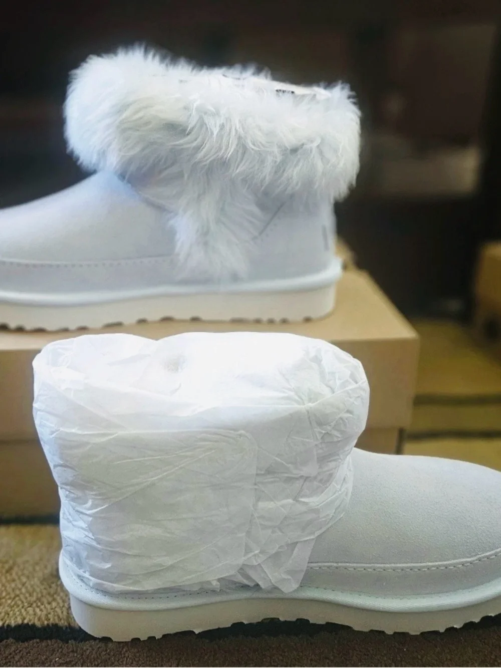 NWT UGG White Suede Fur-Trim Slip-On Women’s Shoes. Color is reef blue